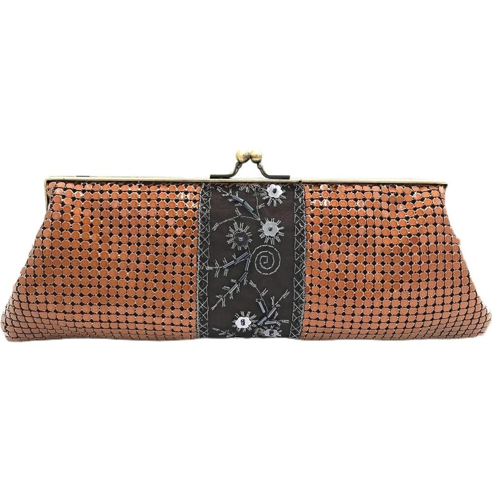 ⚡ Women's Brown Floral Embroidered Pattern Metal Kiss Lock Evening‎ Clutch Bag